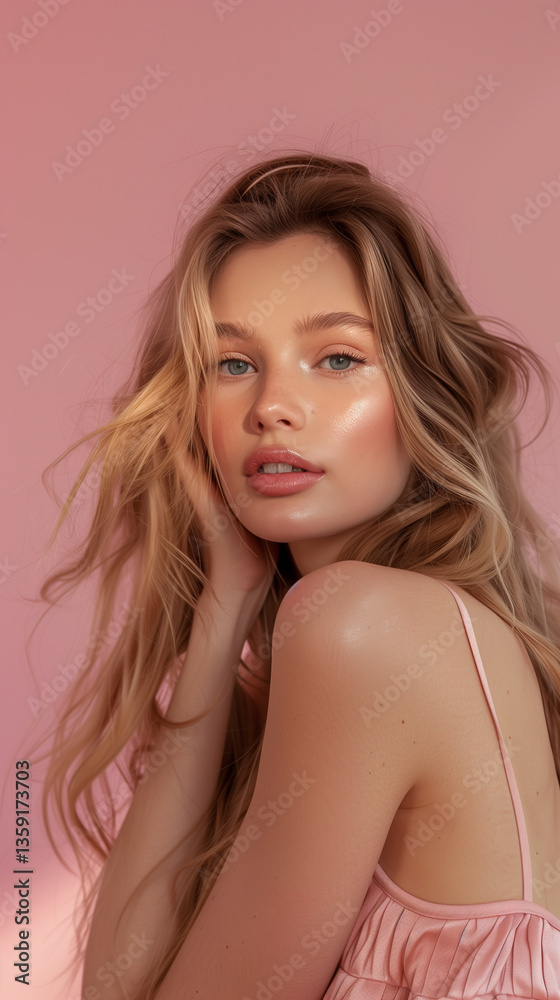 Obraz premium Beautiful Woman with Blonde Hair and Glowing Skin Posing Against Pink Background
