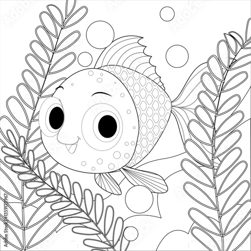 Baby fish black and white perfect for colouring book. Underwater world. outline vector Black and white illustration for colouring book page.