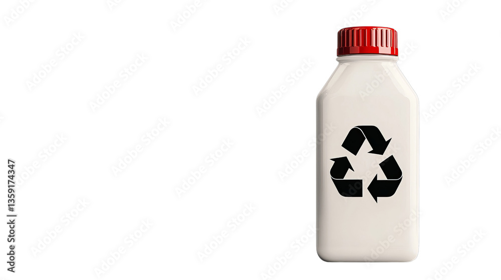 Fototapeta premium White recyclable bottle with a red cap and a black recycling symbol, promoting sustainability.