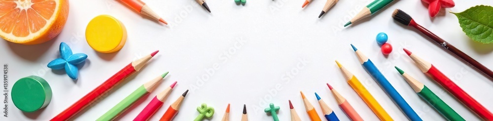 Naklejka premium Assorted colorful objects arranged on a white paper background, artistic, composition