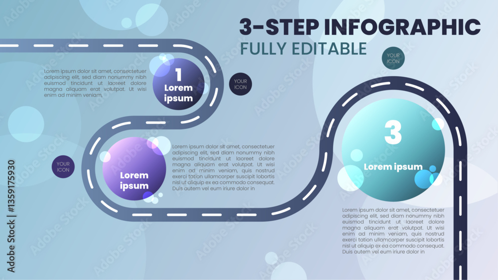 Naklejka premium Three-step infographic shaped as a winding road