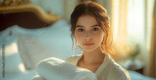  Maid offering clean linens for guest stay. Smiling young woman holding stack of fresh towels in hotel room.Housekeeping service and hospitality industry scene