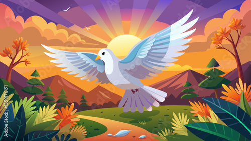 White dove flying at sunrise