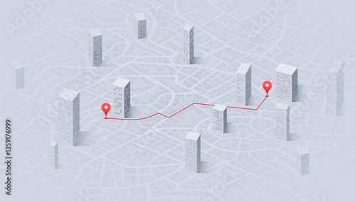 GPS navigation. Delivery route planning, navigation plan between multiple POI. Isometric city scape navigation on a detailed map with 3D buildings. Red GPS map markers. Vector illustration