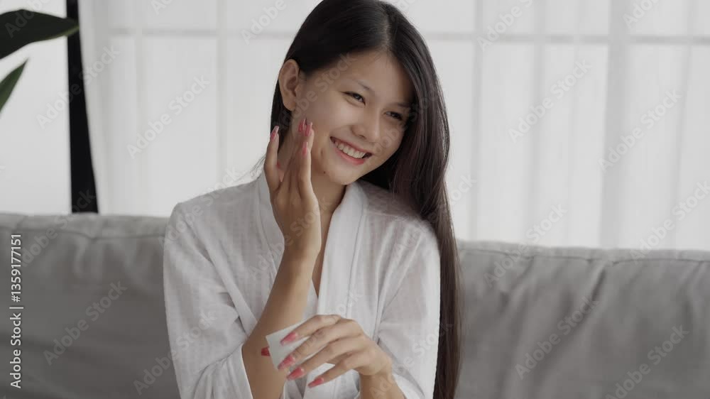 Asian woman in bathrobe applying skincare, take care of your facial skin Asian woman in bathrobe applying skincare, take care of your facial skin