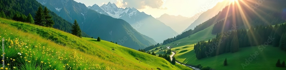 Fototapeta premium A stunning aerial shot of Fairy Meadows with lush green landscapes and Nanga Parbat in the background, bathed in golden light, high resolution 4K, Fairy Meadows, Pakistan