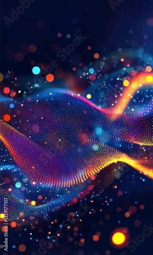 Abstract Video Colorful Light Waves. A mesmerizing and vibrant digital video featuring colorful waves of light flowing across a dark, starry background. The image is filled with glowing, luminous dots