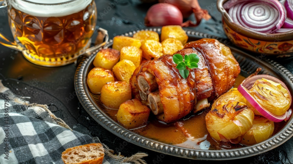 Roasted Pork Knuckle, Potatoes, and Onions A Platter of Traditional German Cuisine with Beer Roasted Pork Knuckle, Potatoes, and Onions A Platter of Traditional German Cuisine with Beer
