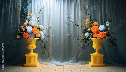 interior composition with two yellow vases filled with flowers, placed on a background of draped fabric. generative AI