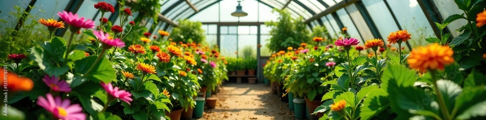 Fototapeta premium A vibrant greenhouse filled with a kaleidoscope of flowers and edible plants, nurturing biodiversity and essential for pollination, cultivation, environment