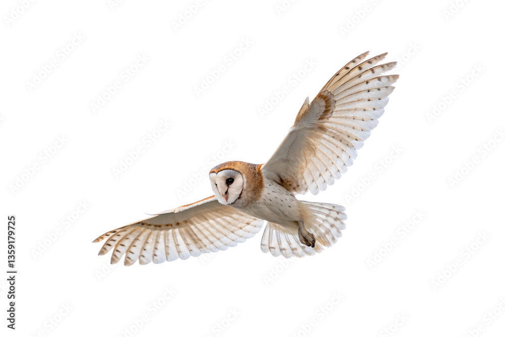 Obraz premium A barn owl glides gracefully with fully extended wings, its golden-white feathers illuminated. Its sharp gaze and delicate flight capture elegance, isolated on a transparent background