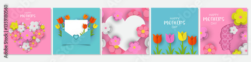 Mother's Day card, banner, poster, flyer, label or cover with tulips flowers and love letter, abstract floral frame style.Spring summer valentie's day abstract floral design template for ads and promo