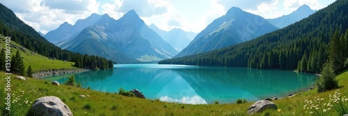 A stunning landscape of the Urals mountain range with crystal clear lakes and vibrant forests,  mountains,  nature