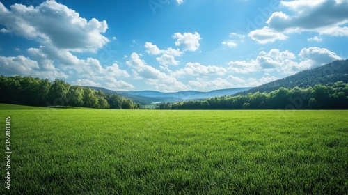 A large, open field of lush green grass with soft rolling hills in the background under a bright blue sky.