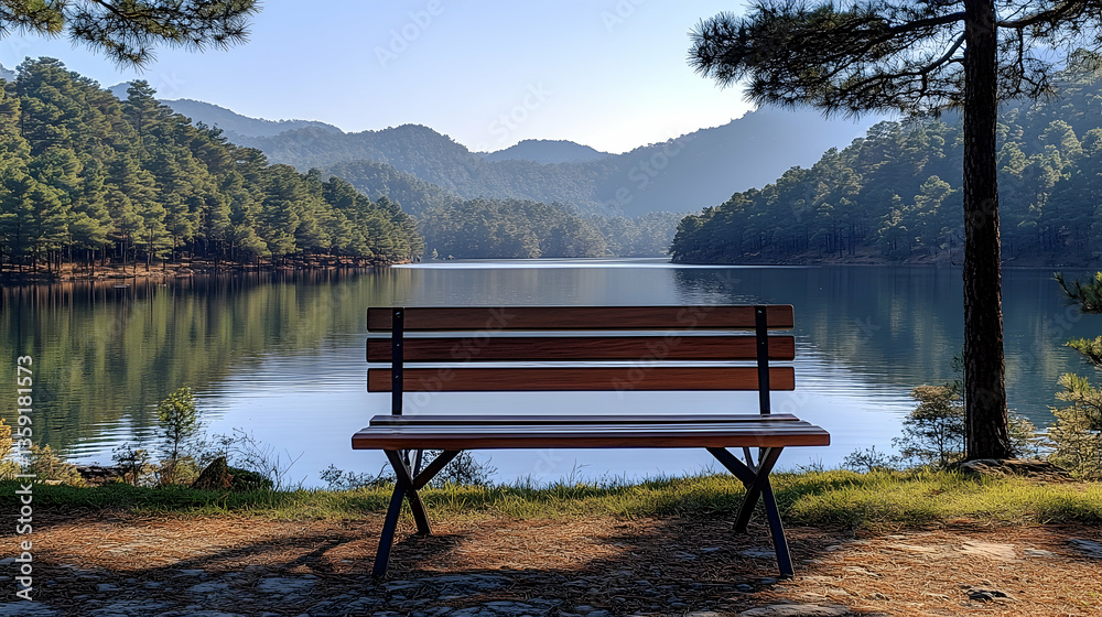 A bench overlooks a calm lake surrounded by forested hills under a bright sky Branches frame the scene Peaceful sceni A bench overlooks a calm lake surrounded by forested hills under a bright sky Branches frame the scene Peaceful sceni