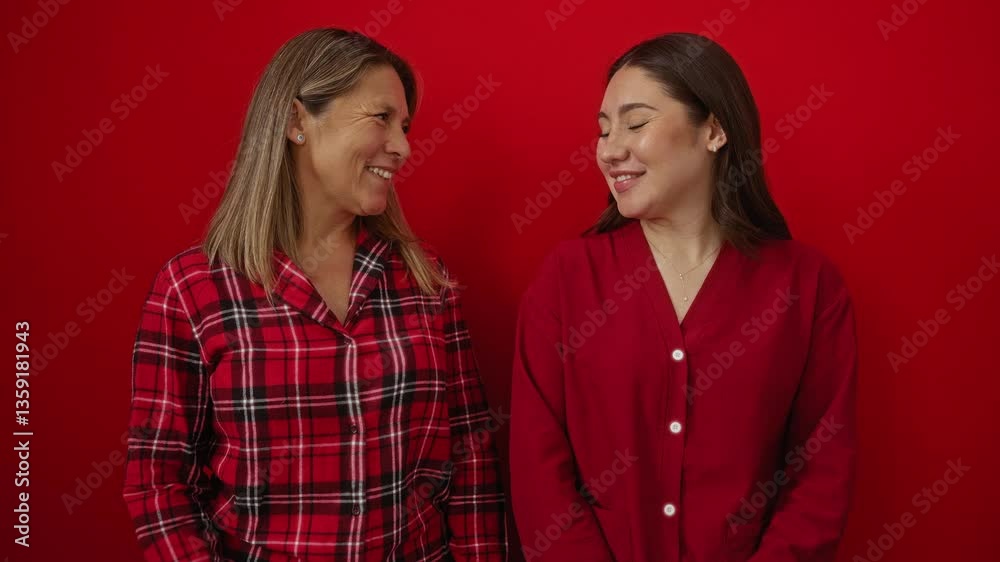 Women fist bumping while smiling against a red wall, showcasing hispanic mother-daughter love and family connection. Women fist bumping while smiling against a red wall, showcasing hispanic mother-daughter love and family connection.