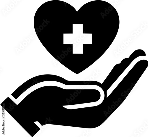 Hand holding a heart with a white medical cross inside, symbol of healthcare, medical help, support, hospital care, compassion, health protection, and emergency assistance in difficult situations

