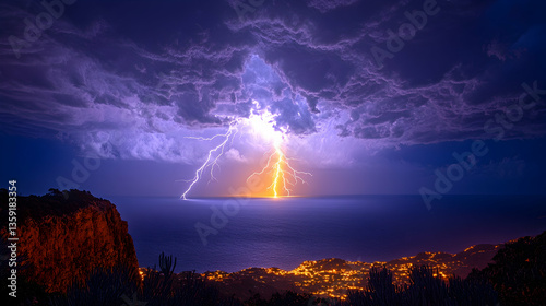 A breathtaking view of a lightning storm over the ocean with city lights shimmering in the distance under a dramatic sk