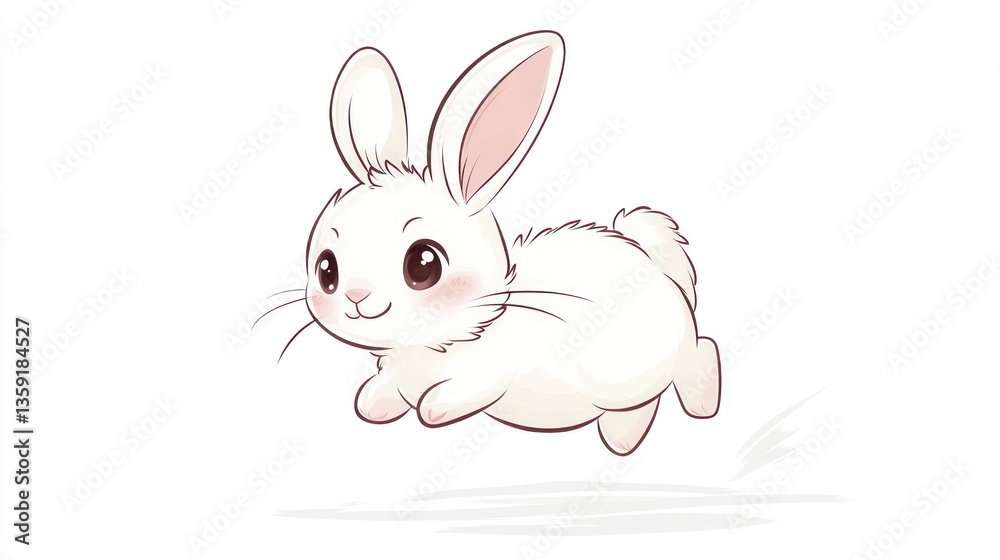 Fototapeta premium Cute cartoon rabbit jumping. Adorable white bunny in flight. Possible use Children's book illustration