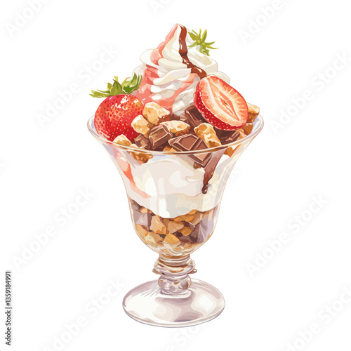 Chocolate mouse in glass cup cream strawberries illustration vector