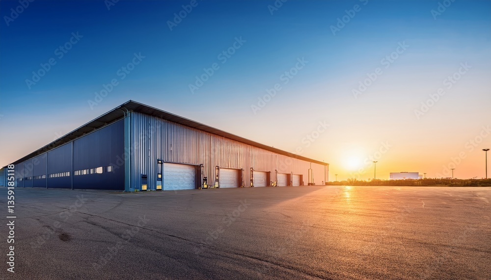 Modern Industrial Warehouse at Sunset with Clear Sky Modern Industrial Warehouse at Sunset with Clear Sky