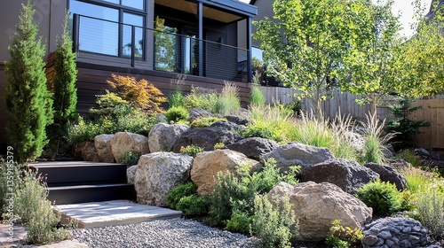Retaining wall constructed with medium-sized boulders dry-laid technique natural earthy tones blending into greenery. 