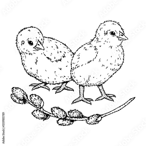 Black and white hand drawn illustration of two baby chicks with a willow branch. Perfect for Easter cards, spring-themed projects, packaging, children s books, and seasonal decorations