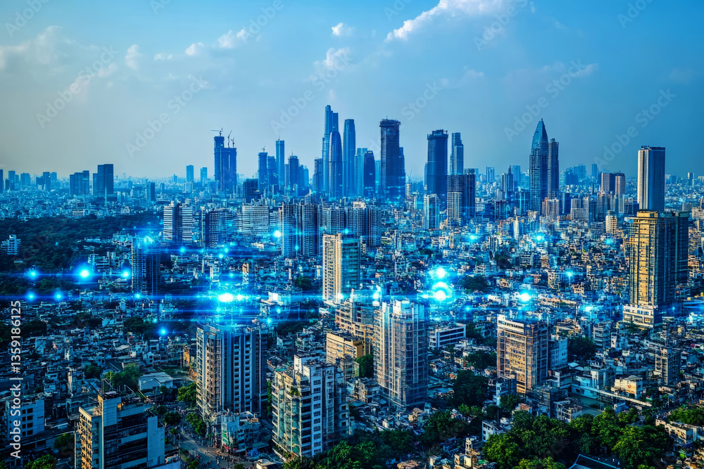 Smart city with digital network connection and data transfer technology concept Smart city with digital network connection and data transfer technology concept