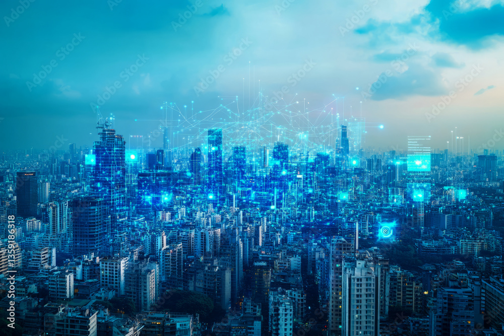 Obraz premium Smart city with digital network connection and data transfer technology concept