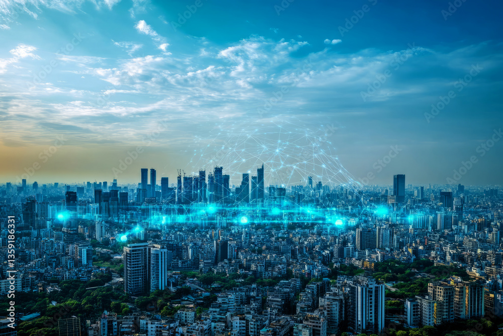 Obraz premium Smart city with digital network connection and data transfer technology concept