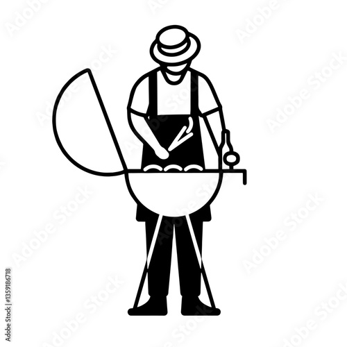Man in a hat and apron standing in front of an open grill, holding tongs in one hand and a bottle in the other, with three round objects possibly burgers on the grill, symbolizing BBQ tradition.

