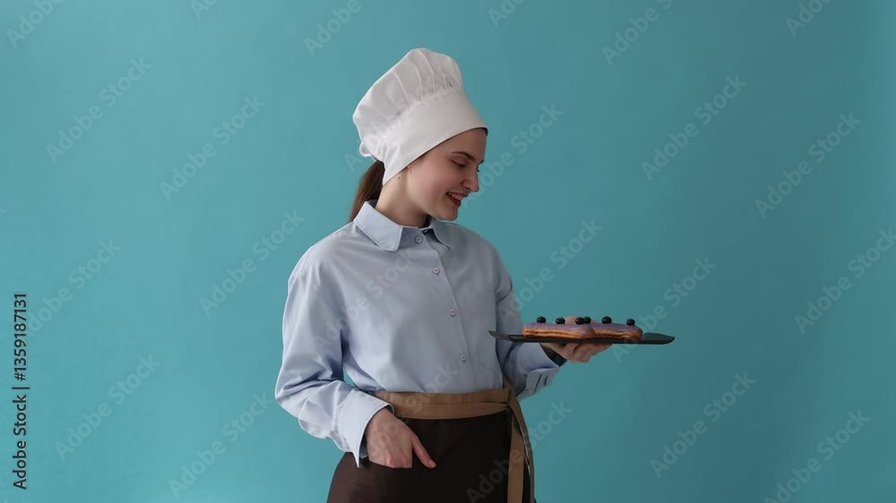 Confectioner showing delicious eclairs on light blue background Confectioner showing delicious eclairs on light blue background