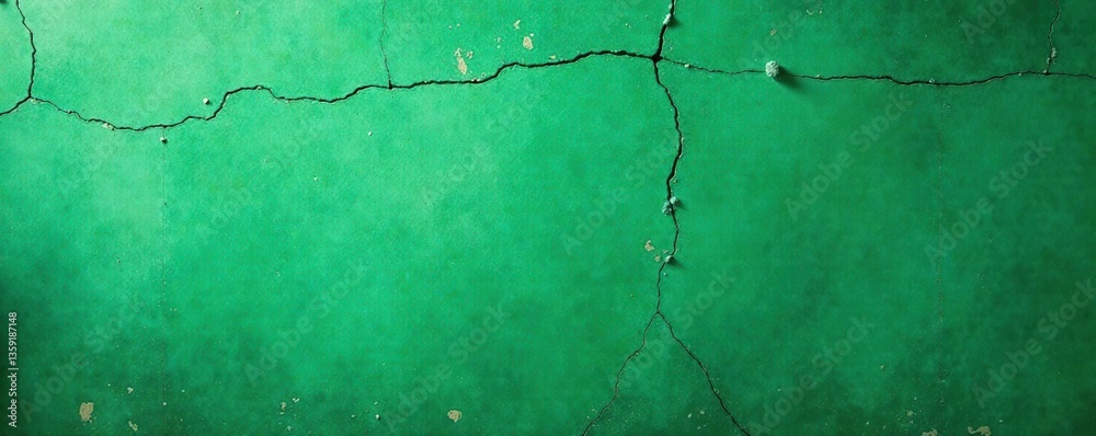 Fototapeta premium A textured green distressed wall background with peeling paint and cracks, surface, pattern