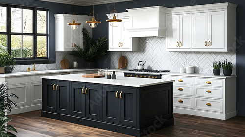 A chic kitchen boasts dark blue walls black island and wood floors completed with white cabinetry and herringbone marb