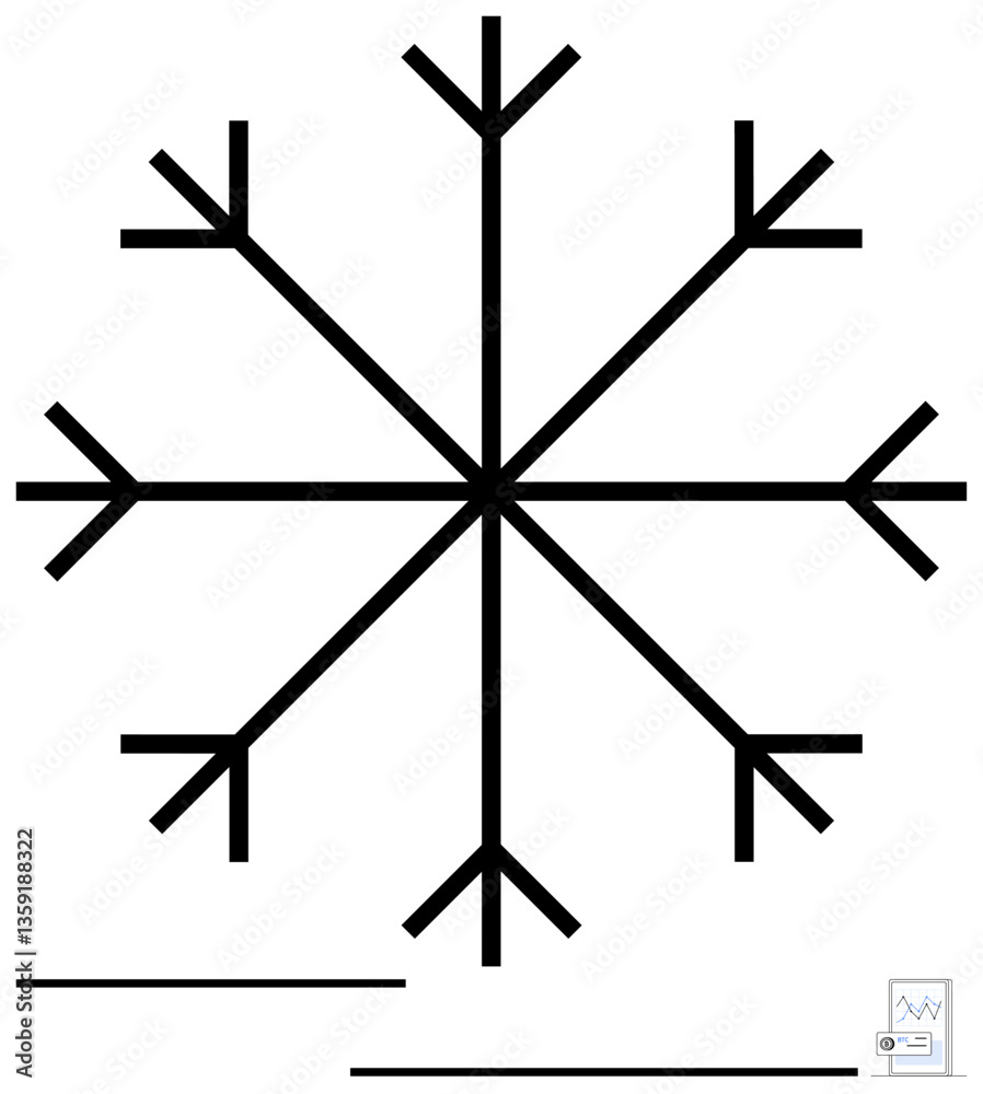 Bold black snowflake with symmetrical branches and arrow-thumbs up tips. Ideal for winter, nature, balance, simplicity, minimalism, geometric design, and seasonal concepts. Flat simple metaphor Bold black snowflake with symmetrical branches and arrow-thumbs up tips. Ideal for winter, nature, balance, simplicity, minimalism, geometric design, and seasonal concepts. Flat simple metaphor