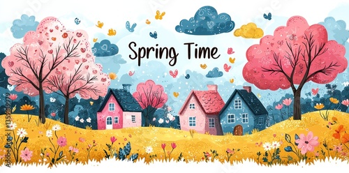 Spring landscape with pink blossom trees, colorful houses, flowers, butterflies and blue sky with clouds Generative AI