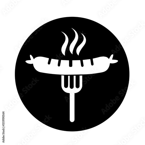 Black circle with hot steaming sausage on fork inside, symbol of fast food restaurants serving hot dogs, street food , delicious quick meal indicator, quick snacks.

