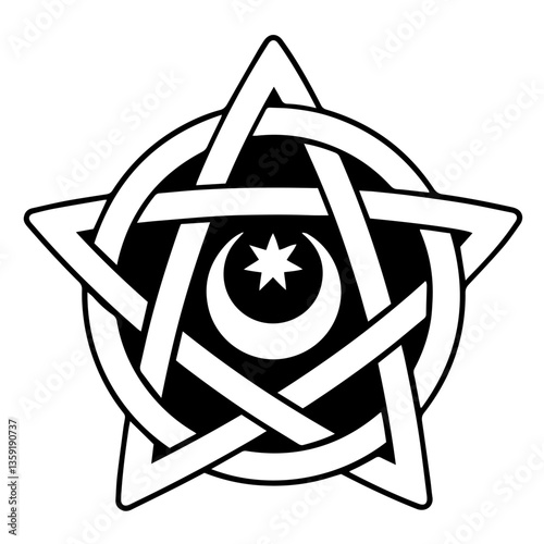 Heavenly religious symbol consisting of a hexagonal star with a crescent moon and small star inside, set against a black background. spirituality, mysticism, celestial belief systems.