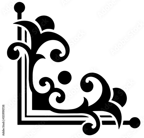 Black corner ornament with scrolls and intricate patterns forming a vintage-style corner design. The lines and swirls create a classic, ornamental aesthetic used in framing, corner embellishments.