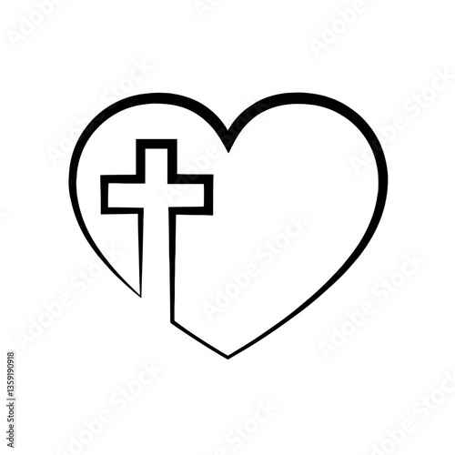 heart with a cross inside it, the cross positioned to the left and part of the heart’s contour, symbolizing religion, faith in God, and the church. faith, religion, belief in God, church symbol

