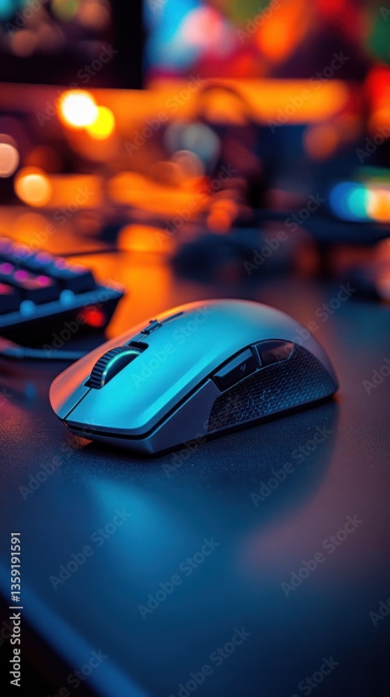 Sleek gaming mouse on illuminated desk Sleek gaming mouse on illuminated desk