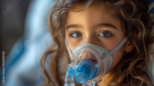 Child in hospital. Child is sick. A little girl breathes through an oxygen mask. The child breathes through a nebulizer. Health concept.