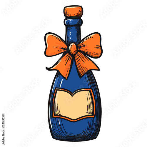 A wine blue bottle with orange bow ribbon and label illustration style theme vector