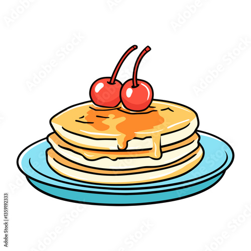 A plate of fluffy pancakes with cherry on top illustration cherries dessert vector