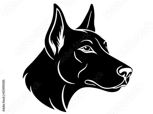 Doberman silhouette with the head turned in profile, displaying sharp ears, facial features, breed's noble, attentive appearance, along with its loyalty, intelligence, physical endurance.