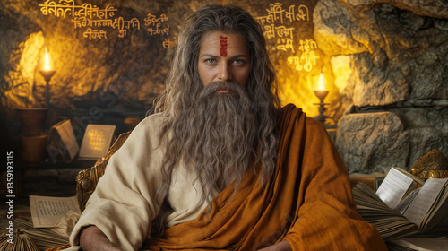 Śrrla Vedavyasa Dvaipayana, the legendary Vedic sage, depicted with long hair and a beard, sitting in a cave surrounded by ancient texts, Sanskrit inscriptions, and glowing warm light.