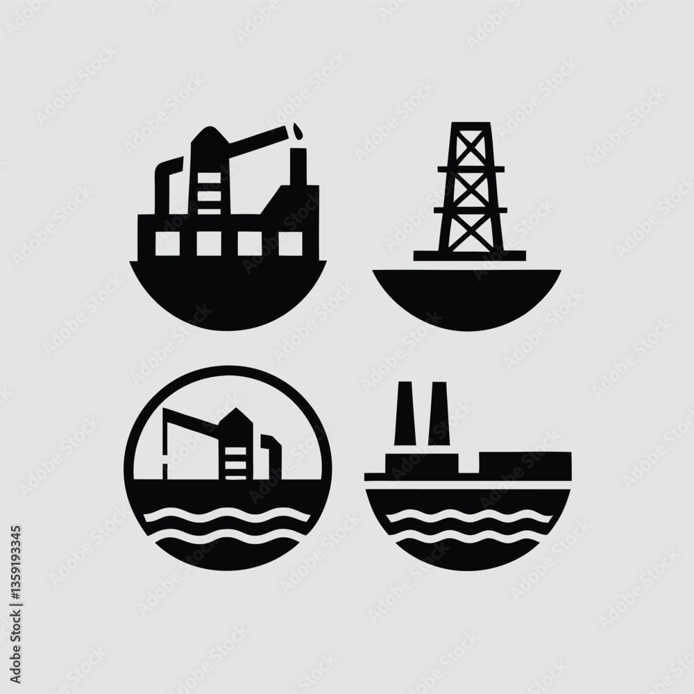 Factory and industrial building icons set in black silhouette design Factory and industrial building icons set in black silhouette design