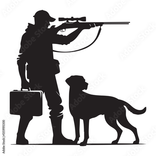 Silhouette Hunter with Hunting Dog Vector Illustration for Outdoors Themes