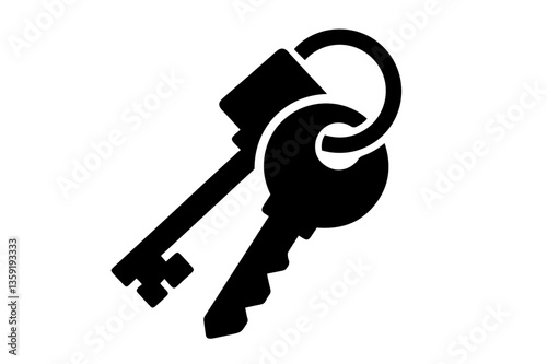 Two black key silhouettes hanging from a ring, one with a classic shape and notched teeth, and the other with a more modern square-head design,home keys, unlocking and securing spaces.