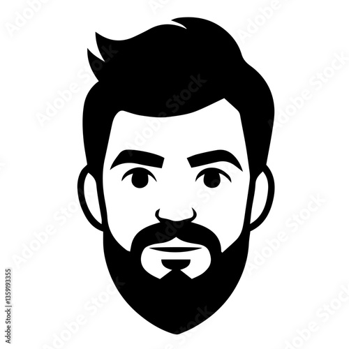 Well-groomed male face with facial hair (beard, thick eyebrows, and hairstyle). The man has a thick beard, mustache, short hair with bangs styled upwards, sharp facial contours, confident expression.